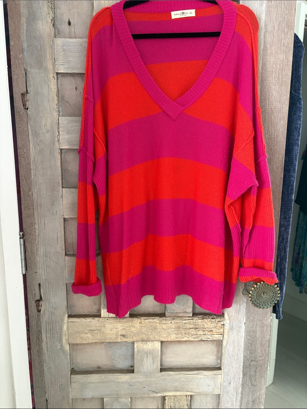 NATURAL LIFE Pink & Red Striped V-Neck Oversized Sweater